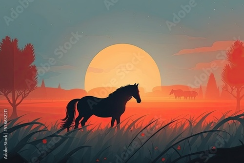 A morning foggy field with a red horse against an orange sun. Generative AI