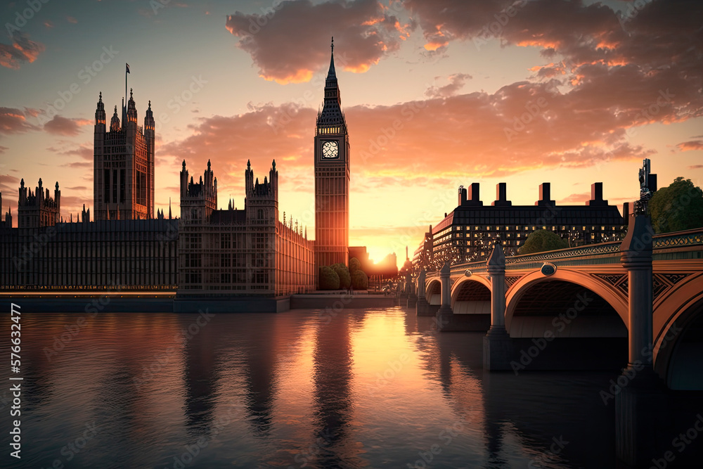 Fototapeta premium Westminster view at sunset. London, UK. Generative AI