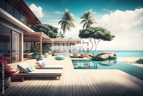 Pool at the beach with plants and trees, generative ai, Beautiful Swing sofa on the Swimming pool waters outdoor beach © DurffeeMill