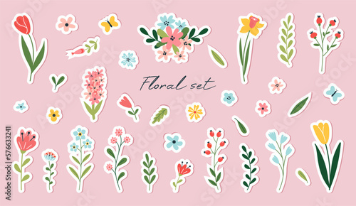 Set of spring stickers, flowers and floral elements isolated on a white background. Vector compositions for greeting card, scrapbooking, magnets. Floral poster, invite.