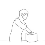 man put his hand into square cube or box - one line drawing vector. concept game or rummaging through things