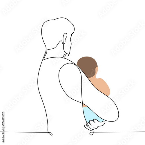 man holding a baby in a diaper in his arms - one line drawing vector. concept young father babysitting his child