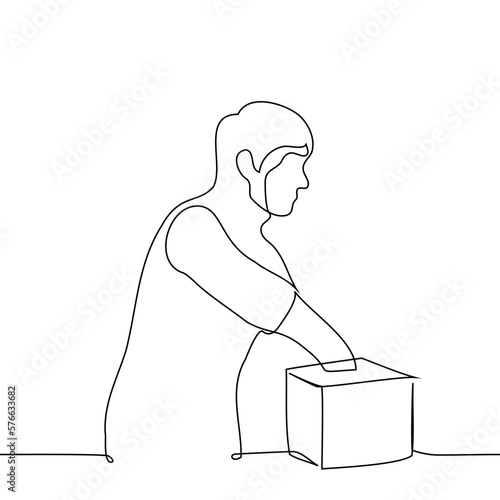 man put his hand into square cube or box - one line drawing vector. concept game or rummaging through things