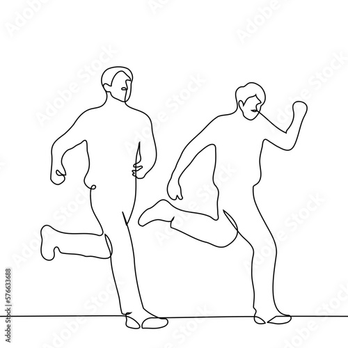 men running as fast as they can - one line drawing vector. concept friends are in a hurry or competitors athletes overtake each other