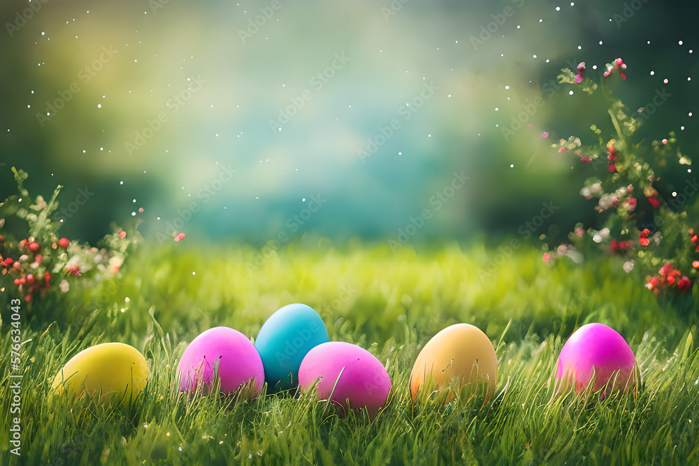 Easter eggs on grass. Generative AI.