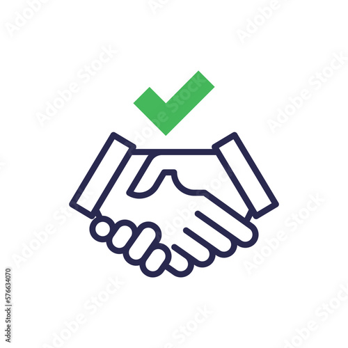 Business agreement thin line icon. Handshake with tick. Contract, partnership. Vector illustration.