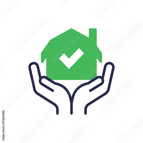 Property loan approved thin line icon. House in hands with check mark. Buy real estate. Modern vector illustration.