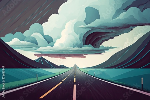 A long stretch of road disappears into the distance against a gloomy  overcast sky. Generative AI