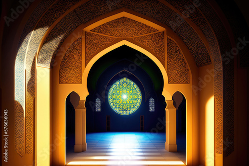 Islamic background painting. Mosque and shadows. Light rays from mosque window or door. Prayer s vision  generative ai. Muslim art.