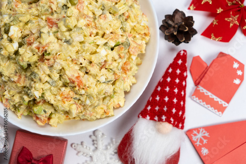 Obraz na płótnie Olivier Russian salad on a Christmas and New Year background, top view