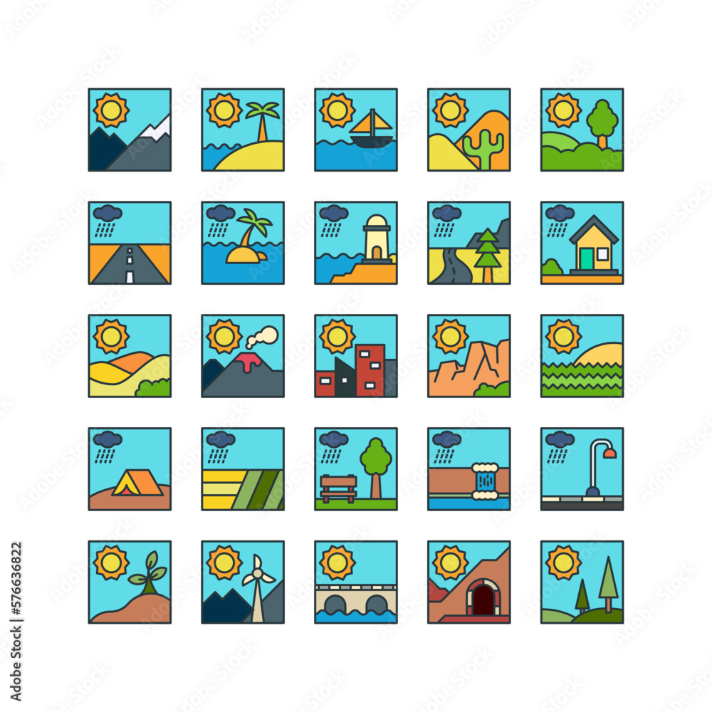 vector outdoor view fill icons set vector outdoor view fill icons set