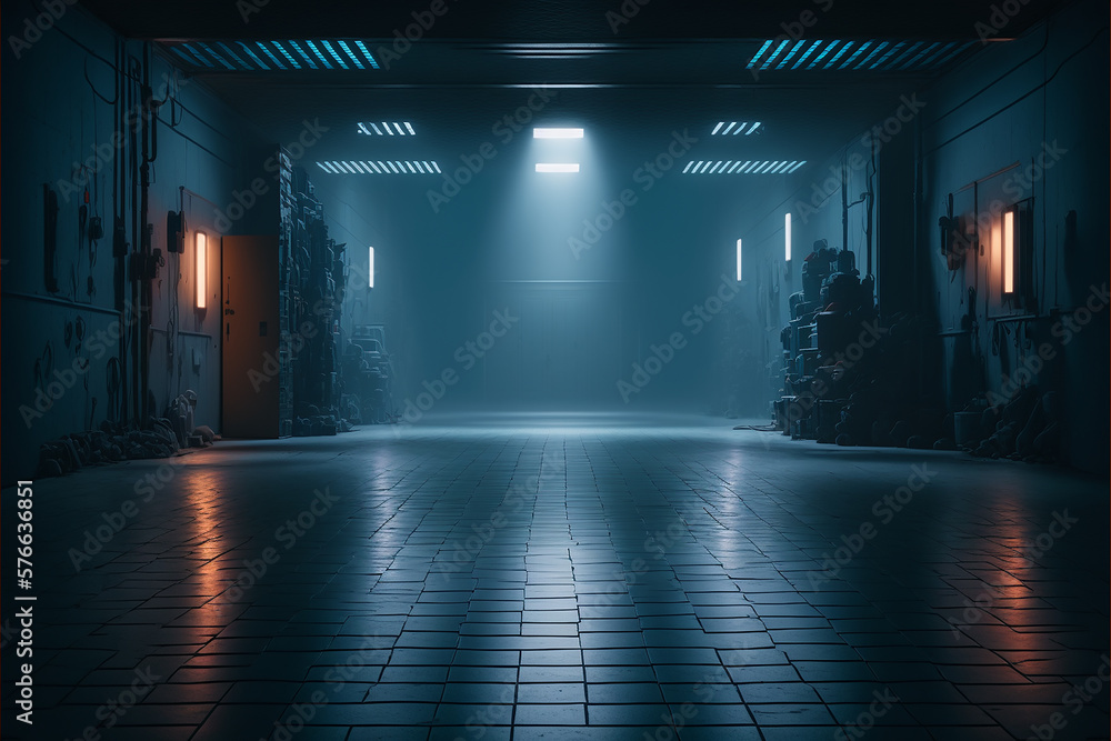 Big Large Neon Laser Blue Dark Night Warehouse Tunnel Corridor Concrete Garage. Futuristic dark podium with light and reflection background. 