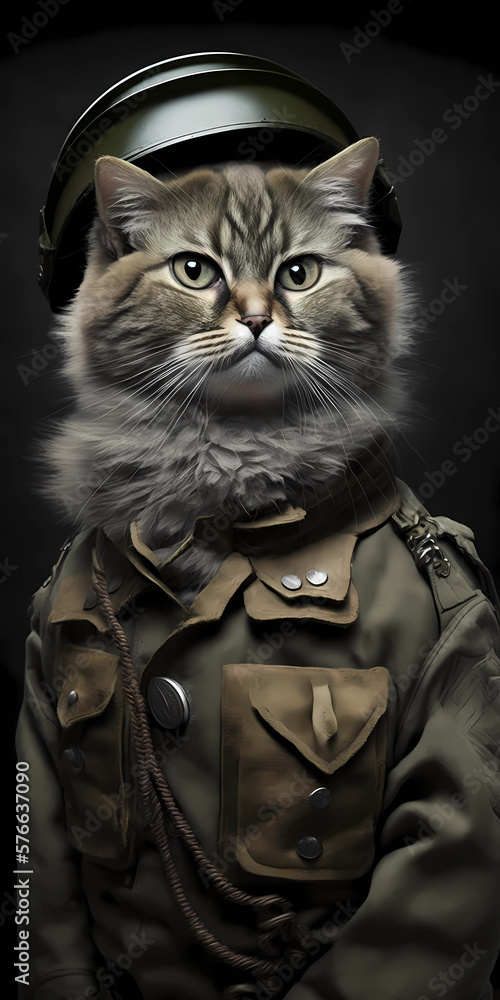 A small cat in a modern military suit. A cute military cat to protect our peace. Created with Generative AI