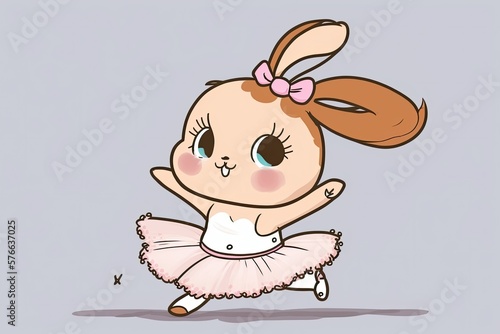 cute cartoon of a baby bunny doing the splits while dressed as a ballerina. Generative AI