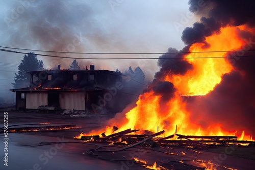 Burning wooden house at evening. Bright orange flames and dense smoke from under the tiled roof on dark sky, generative ai. Disaster and danger concept.