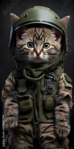 A small cat in a modern military suit. A cute military cat to protect our peace. Created with Generative AI