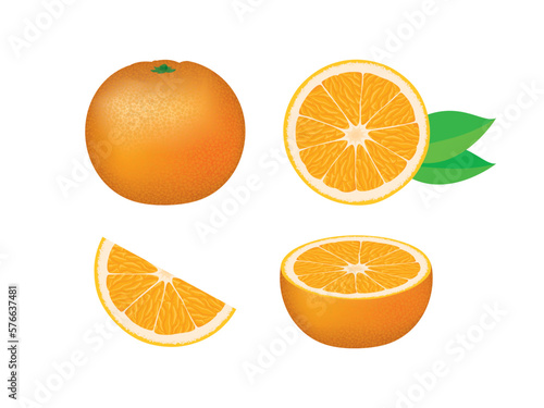 Fresh juicy orange citrus fruit icon set vector isolated on a white background. Whole, half, slice orange fruit icon set vector. Vitamin C food sources design element