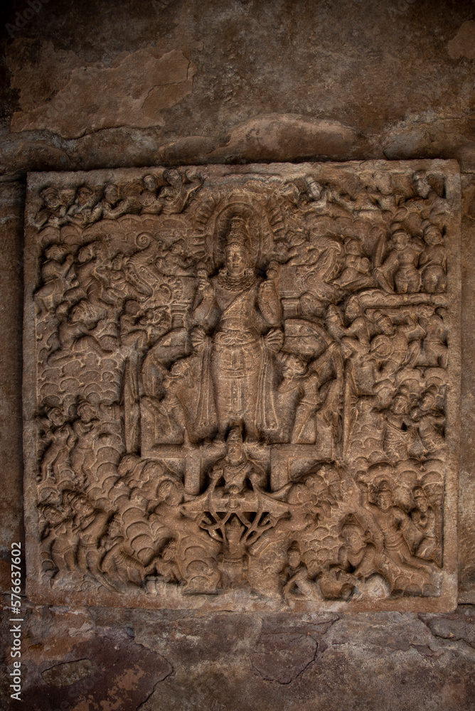 Sun in his chariot as depicted in Virupaksha Temple, Pattadakal. The temple was built by Queen Loka Mahadevi from the Chalukya dynasty.