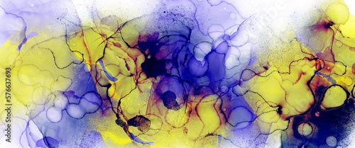 Blue and yellow alcohol ink background, creative hand drawn art, fluid illustration with liquid technique, wallpaper for printed materials, watercolor texture for wall decorations, brochures or flyers