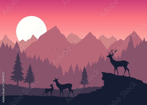 landscape with deer sunrise 