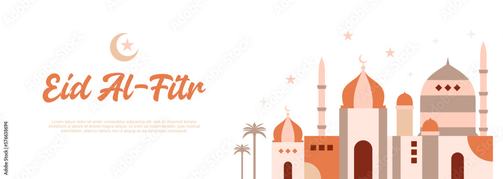 Eid al fitr banner background with mosque and moon.
