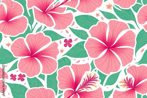 Floral pattern made of beautiful hibiscus flowers on pastel pink background  generative ai. Minimal style. Nature concept