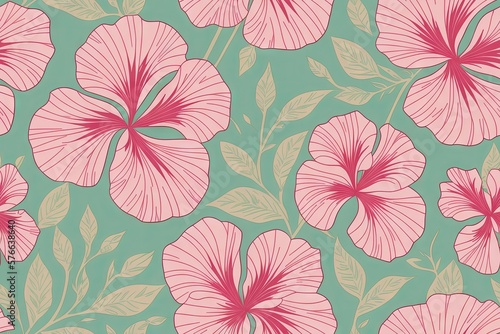 Floral pattern made of beautiful hibiscus flowers on pastel pink background, generative ai. Minimal style. Nature concept