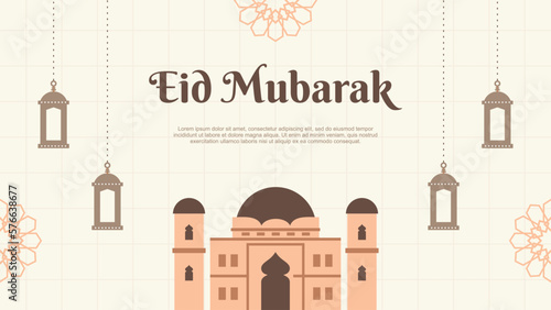 Eid mubarak banner background with mosque and lanterns.