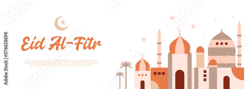 Eid al fitr banner background with mosque and moon.