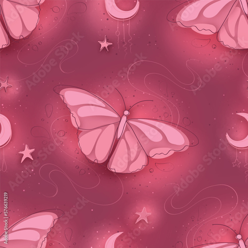 Seamless Pattern with Delicate Dreamy Butterfly on Textured Background. Hand-Drawn Style Texture. Natural Abstract Design.  Monochromatic Powdery Coloring. Vector 3d Illustration © irinakrivoruchko