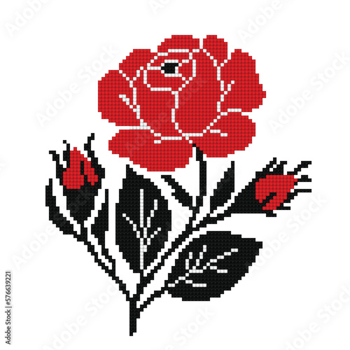 Realistic Cross-Stitch Embroideried Rose. Ethnic Floral Motif, Handmade Stylization. Traditional Ukrainian Red and Black Embroidery. Ethnic Single Design Element. Vector 3d Illustration