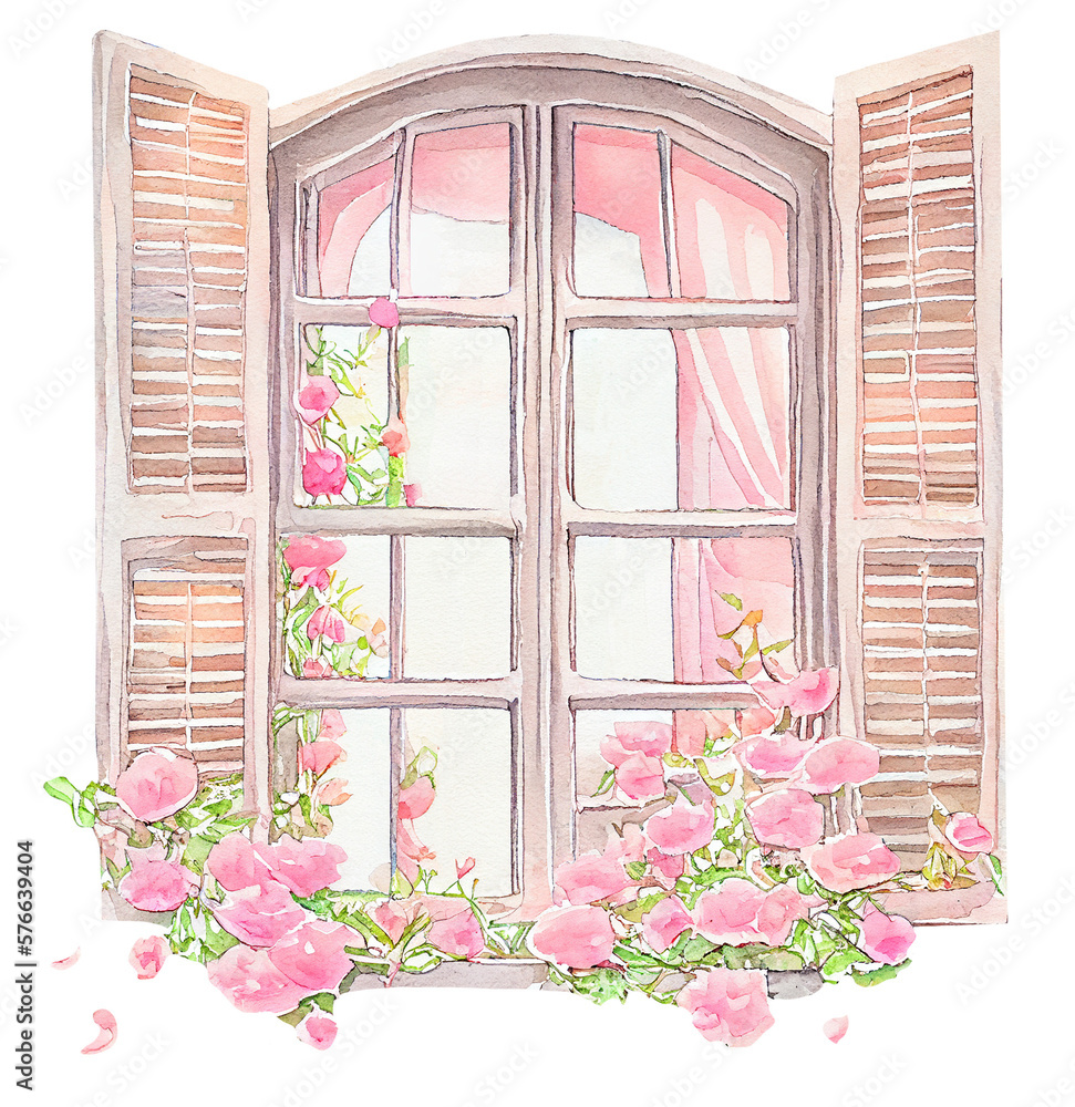 Watercolor spring window with flowers. Countryside summer house clipart ...