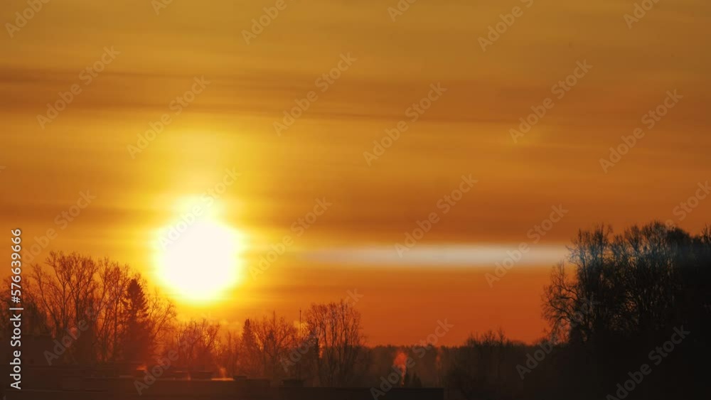 Sunrise with a flying crow. Golden sunrise in the sky Sunrise with a flying crow. Golden sunrise in the sky