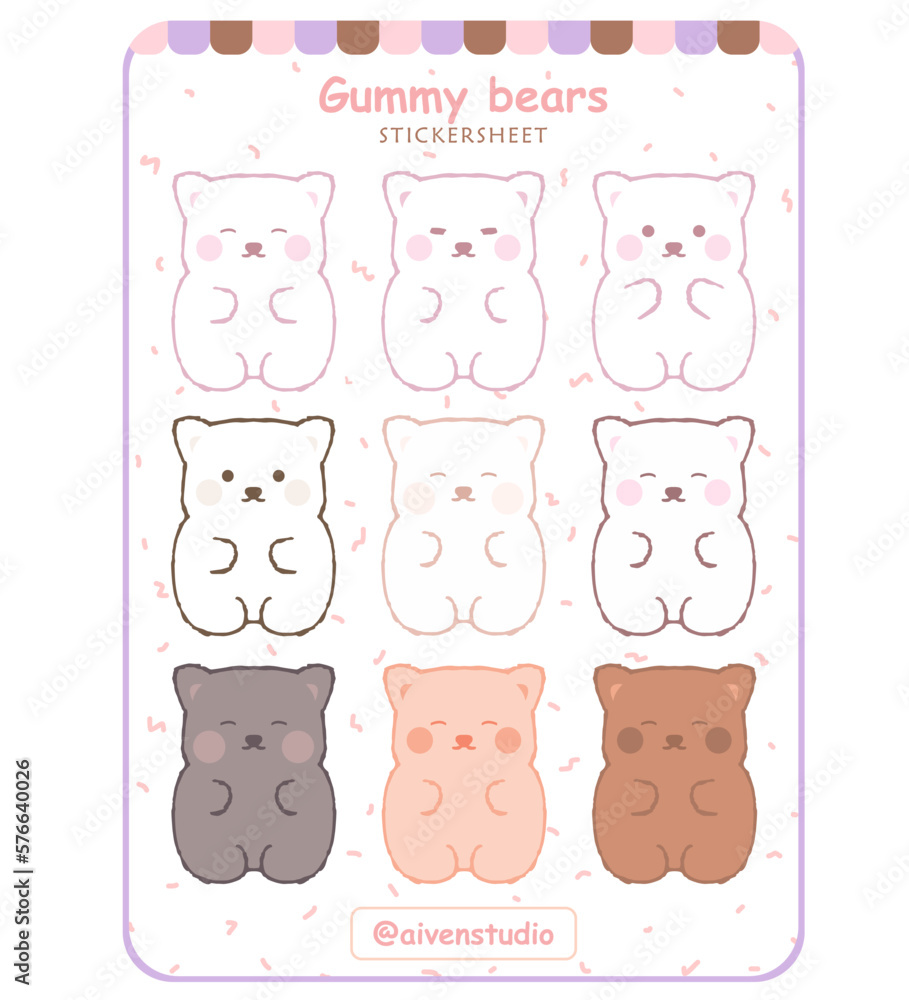 Obraz premium set of Cute bears. gummy bear Sticker Sheet. Sticker Sheet vector illustrations. Stickers, pastel Stickers. 