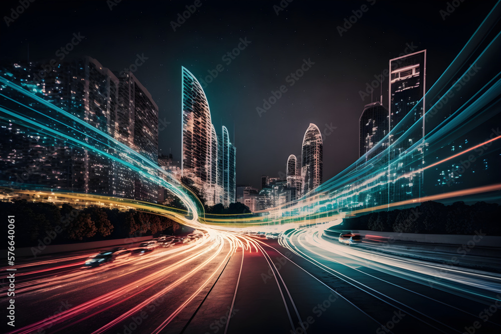Smart digital city with high speed light trail of cars of digital data transfer ai art