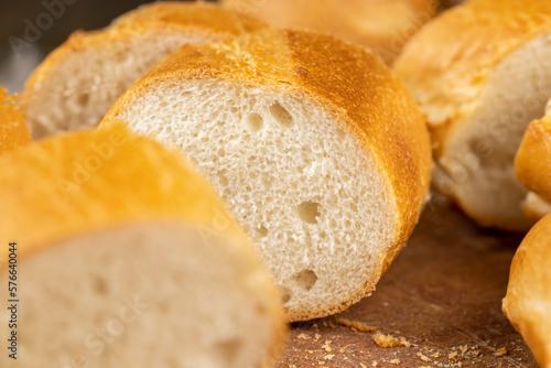 Sliced soft French baguette made of wheat flour