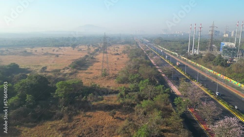 eastern express highway Vikhroli east to central railway track bird eye view Vikhroli mumbai blossoms in India  top view drone photo