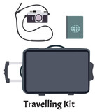 Travel suitcase with passport and camera.