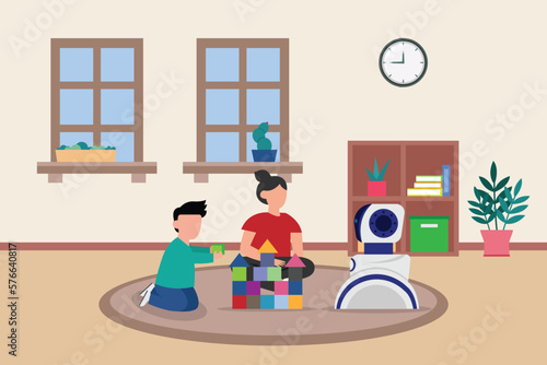 Robot Baby Sitter Playing Cubes With Children 2d vector illustration concept for banner, website, illustration, landing page, flyer, etc.