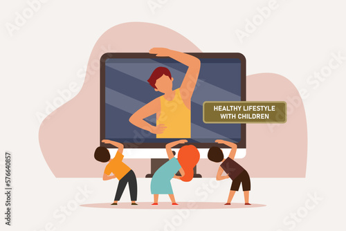 Healthy kids watching tv exercising together at home 2d vector illustration concept for banner, website, illustration, landing page, flyer, etc.