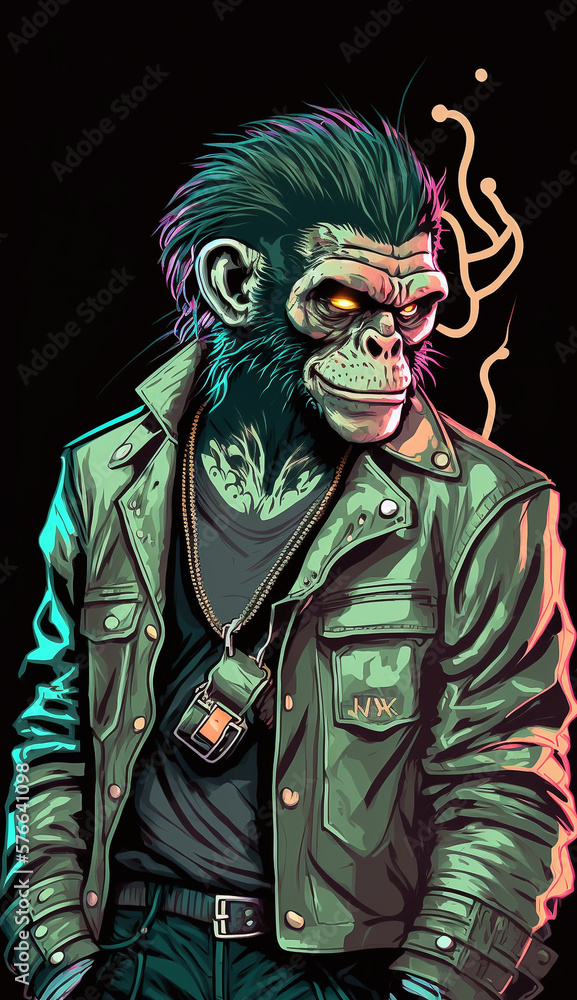 Chimpanzee Wearing A Neon Leather Jacket Fashion Model Generative AI Digital Illustration Part#010323 
