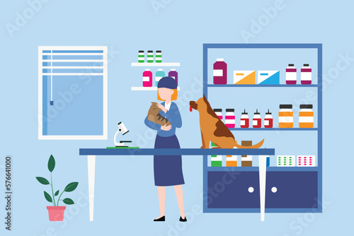 Veterinarian checking cat and dog at vet clinic 2d vector illustration concept for banner, website, illustration, landing page, flyer, etc.