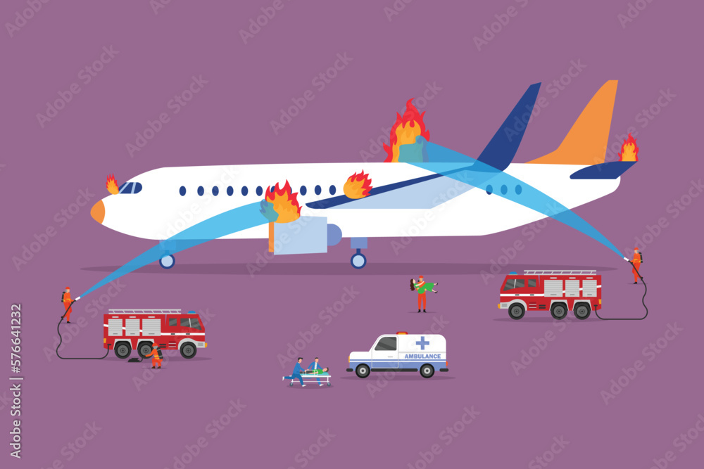 Plane emergency, fireman tries to hose down the fire 2d vector illustration concept for banner, website, illustration, landing page, flyer, etc.