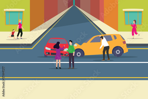 Angry and fierce men and woman are checking automobile damage on the intersection 2d vector illustration concept for banner, website, illustration, landing page, flyer, etc.