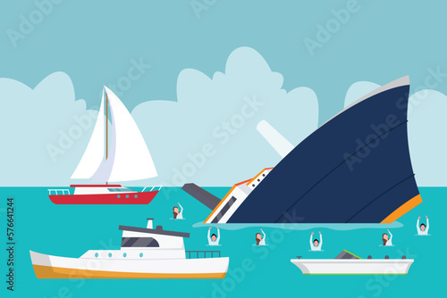 Ship is sinking and people in the water 2d vector illustration concept for banner, website, illustration, landing page, flyer, etc.