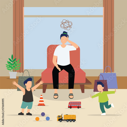 Angry mother tries to calm mischievous children 2d vector illustration concept for banner, website, illustration, landing page, flyer, etc.