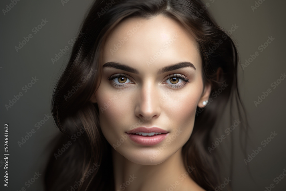 Naklejka premium Portrait of a beautiful brunette woman with natural makeup. Generative AI. Beauty concept