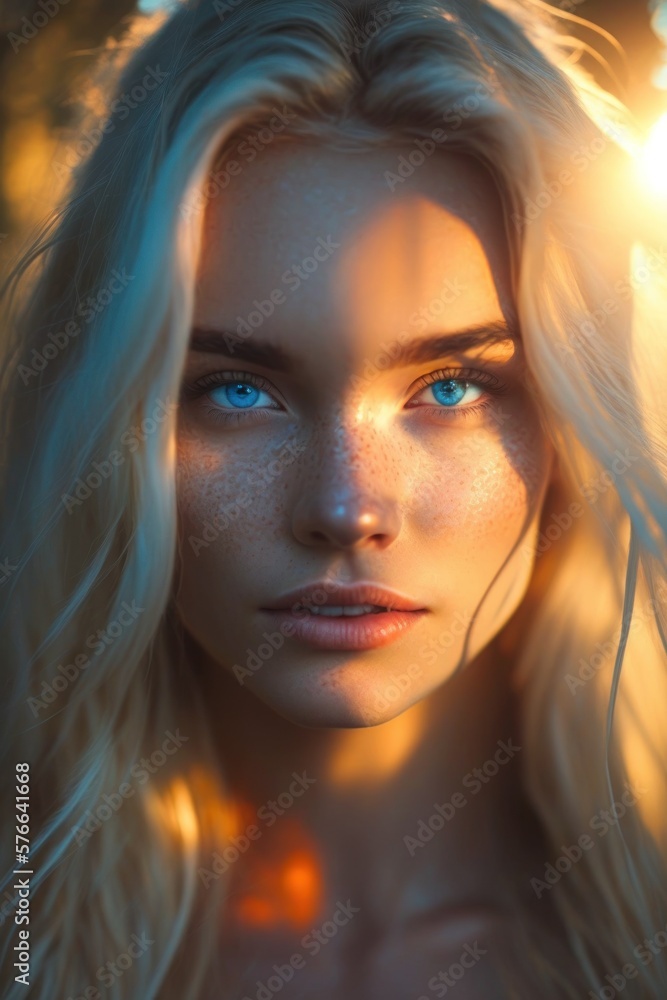 Blonde young woman with bright blue eyes in summer sunlight. Generative AI