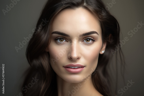 Portrait of a beautiful brunette woman with natural makeup. Generative AI. Beauty concept