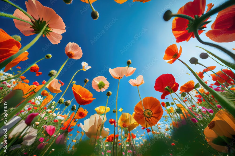 Bottom view of beautiful colorful meadow of wild flowers. Generative AI.